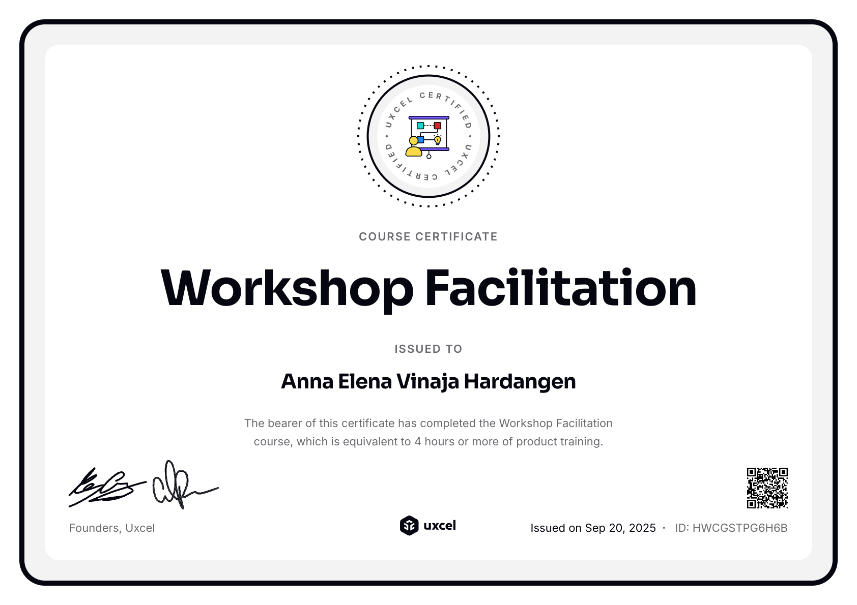 Anna Elena Vinaja Hardangen's certificate